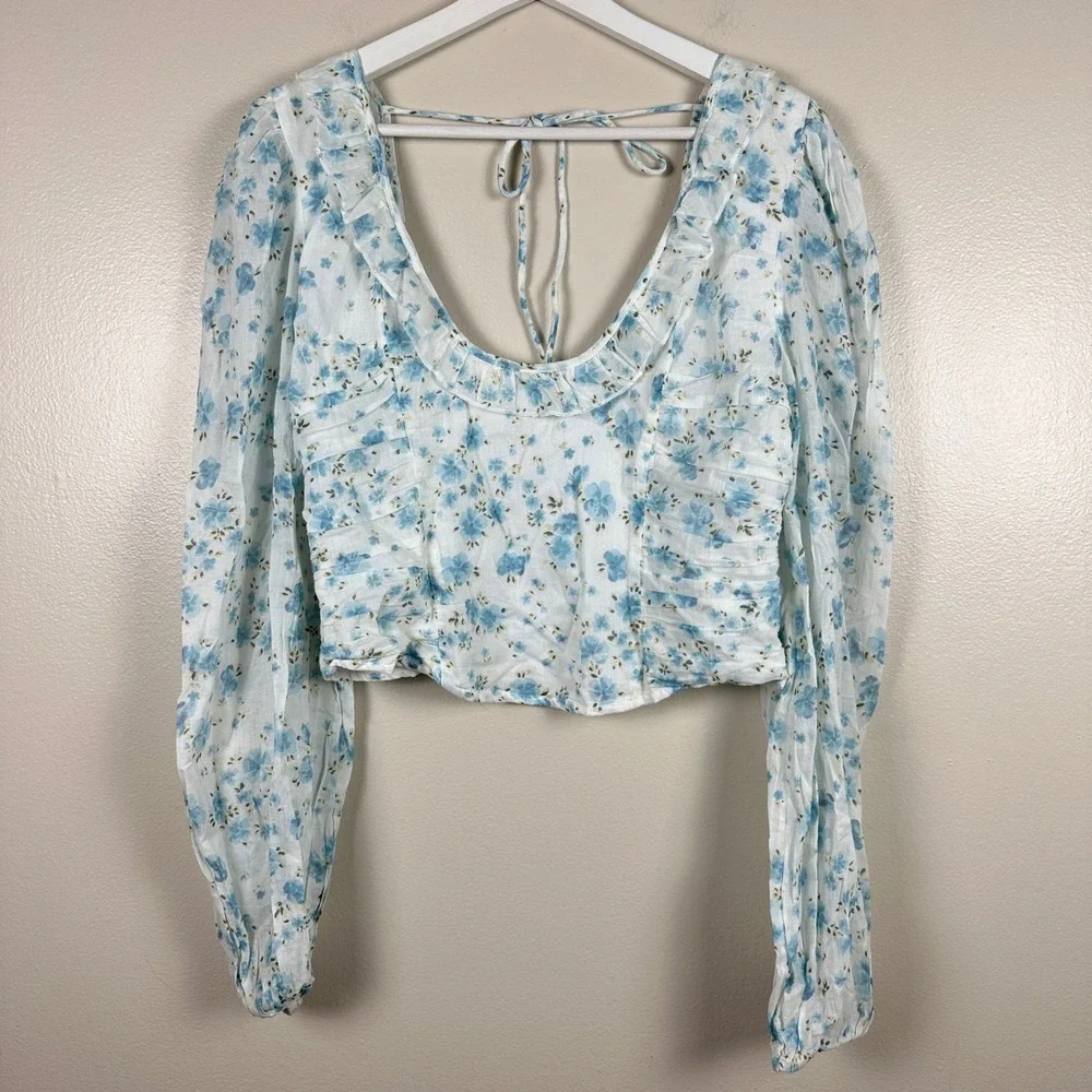 Free People‎ Women's Large Crop Top Blue Floral Smocked Back Ruffle OB1612127